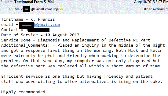 Testimonial for S-mall - defective pc hardware replacement