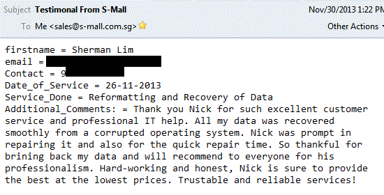 Testimonial - Recovery of data from system